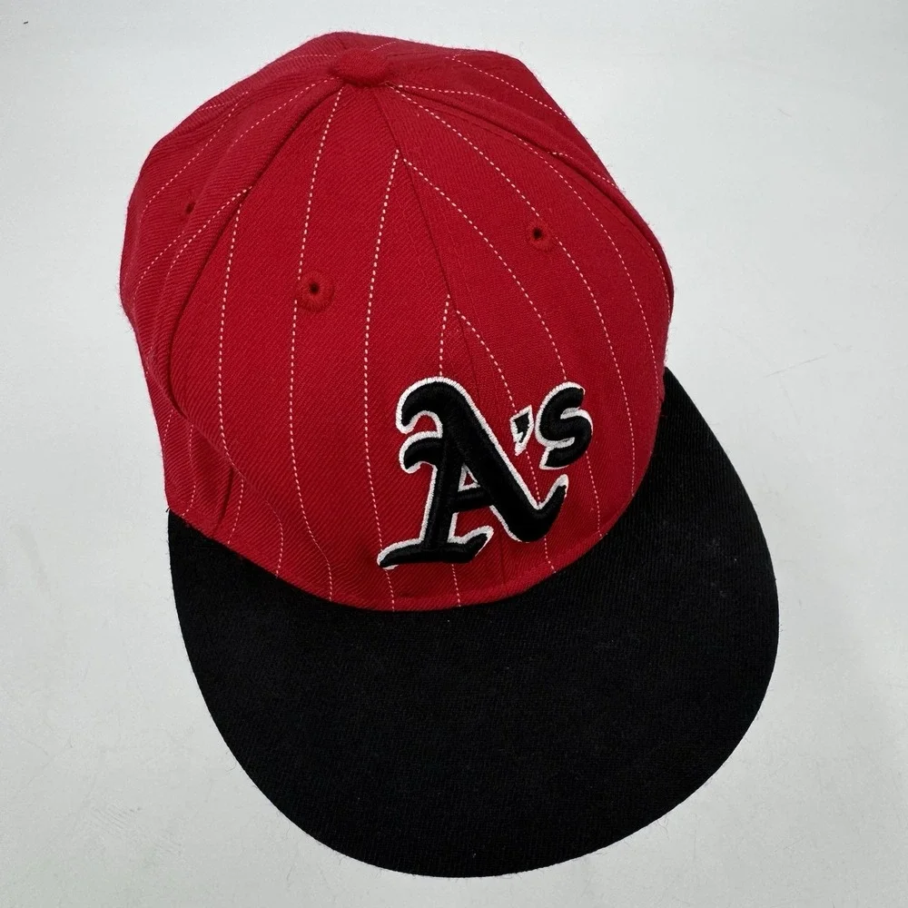Oakland Athletics Hat Cap Mens Fitted‎ 7 1/4 New Era 59 Fifty Red With Pinstripe